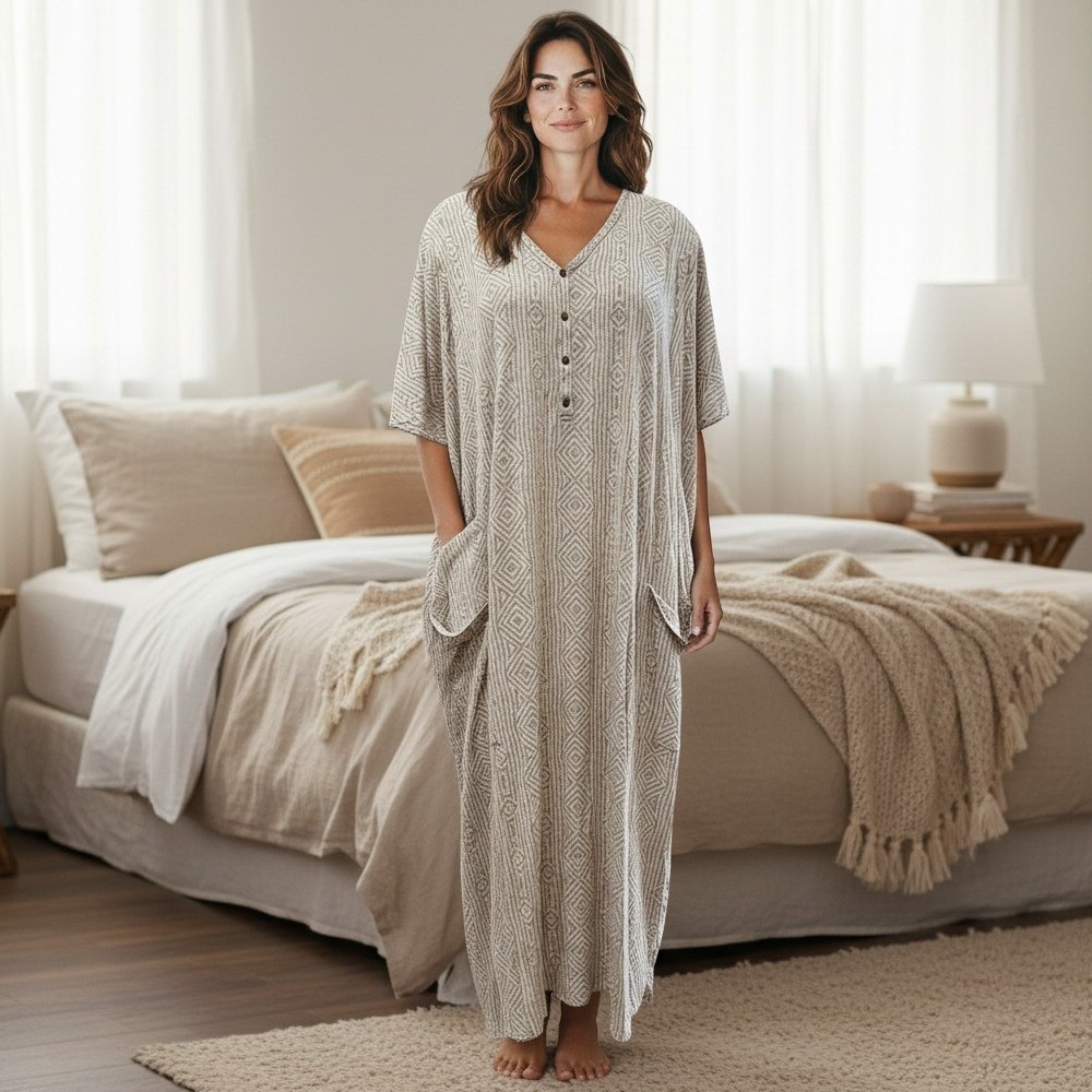 Dwell & Slumber Caftan Dress Womens M/L‎ Tan Geometric Henley Pockets Loungewear